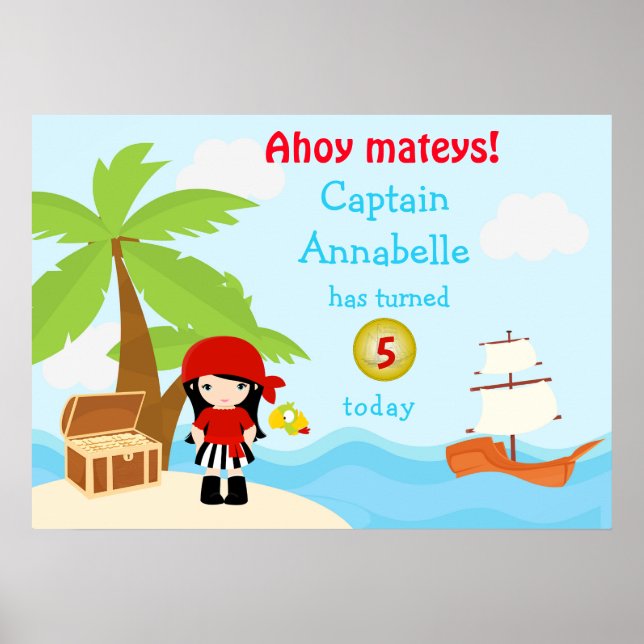 Cute Black Hair Pirate Girl in Red Birthday Poster (Front)