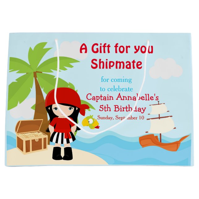 Cute Black Hair Pirate Girl in RedBirthday Large Gift Bag (Front)