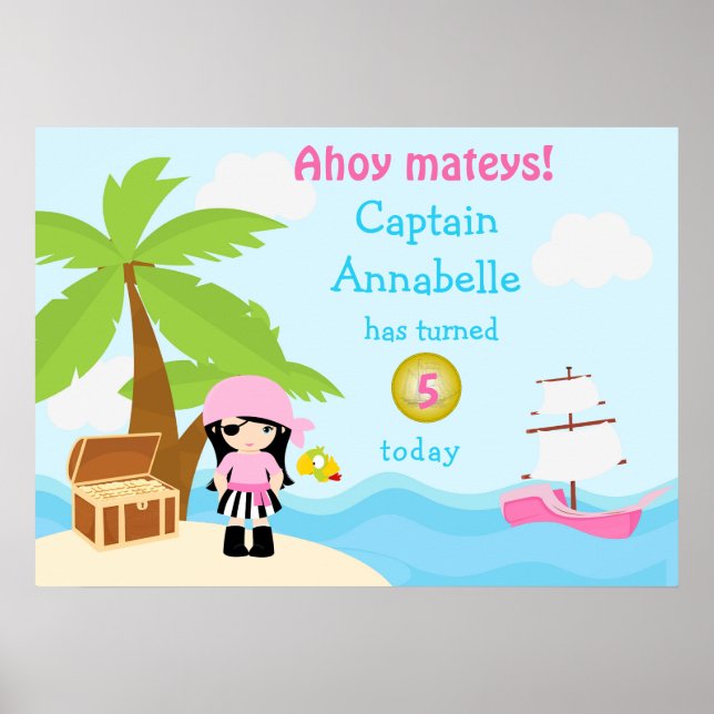Cute Black Hair Pirate Girl Pink Birthday Poster (Front)