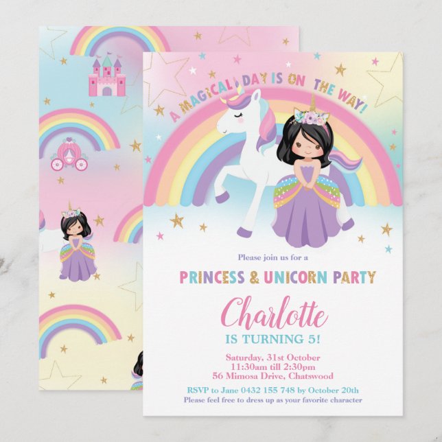 Cute Black Hair Princess Unicorn Rainbow Birthday Invitation (Front/Back)