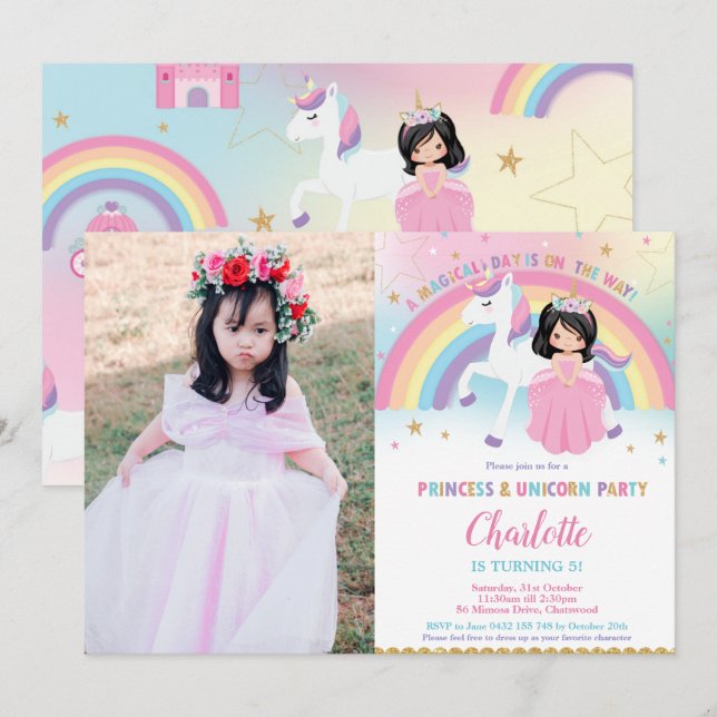 Cute Black Hair Princess Unicorn Rainbow Birthday Invitation (Front/Back)