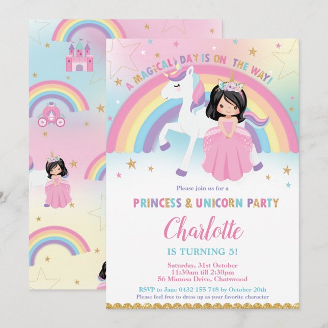 Cute Black Hair Princess Unicorn Rainbow Birthday Invitation (Front/Back)