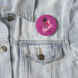 Cute Black Haired Girl Riding on a Unicorn 6 Cm Round Badge