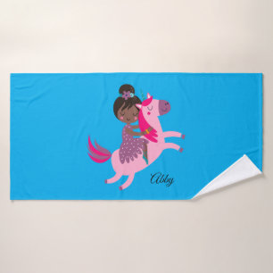 Cute Black Haired Girl Riding on a Unicorn Bath Towel
