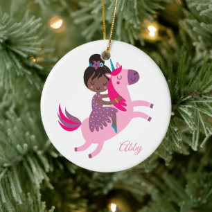Cute Black Haired Girl Riding on a Unicorn Ceramic Tree Decoration