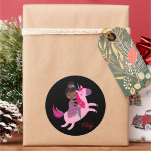 Cute Black Haired Girl Riding on a Unicorn Classic Round Sticker