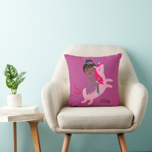 Cute Black Haired Girl Riding on a Unicorn Cushion