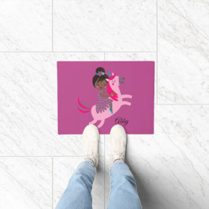 Cute Black Haired Girl Riding on a Unicorn Doormat