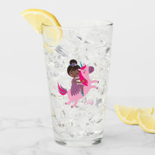 Cute Black Haired Girl Riding on a Unicorn Glass
