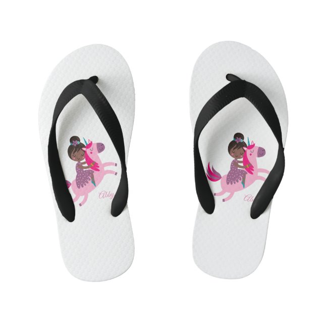 Cute Black Haired Girl Riding on a Unicorn Kid's Flip Flops (Footbed)