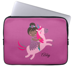 Cute Black Haired Girl Riding on a Unicorn Laptop Sleeve