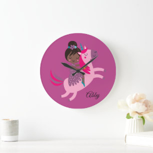 Cute Black Haired Girl Riding on a Unicorn Large Clock