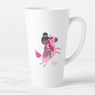 Cute Black Haired Girl Riding on a Unicorn Latte Mug