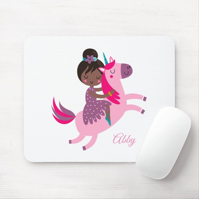 Cute Black Haired Girl Riding on a Unicorn Mouse Mat (With Mouse)