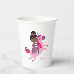 Cute Black Haired Girl Riding on a Unicorn Paper Cups