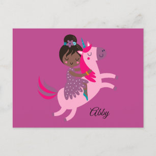 Cute Black Haired Girl Riding on a Unicorn Postcard