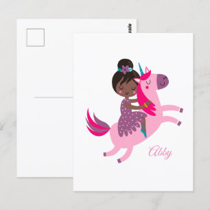 Cute Black Haired Girl Riding on a Unicorn Postcard