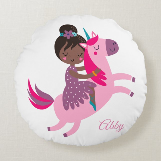 Cute Black Haired Girl Riding on a Unicorn Round Cushion (Front)