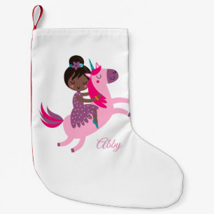 Cute Black Haired Girl Riding on a Unicorn Small Christmas Stocking