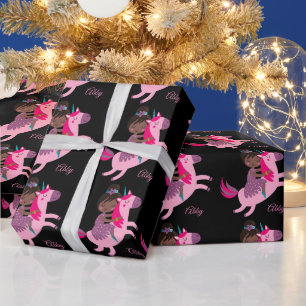 Cute Black Haired Girl Riding on a Unicorn Wrapping Paper
