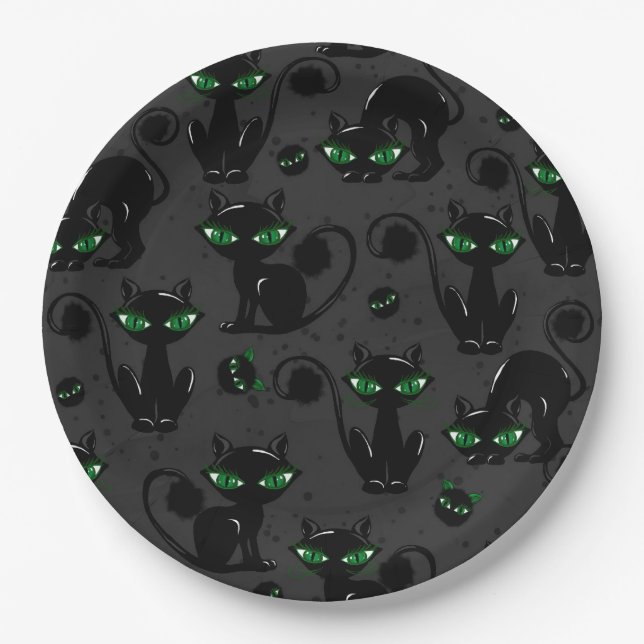 CUTE BLACK HALLOWEEN CATS WITH GREEN EYES PAPER PLATE (Front)