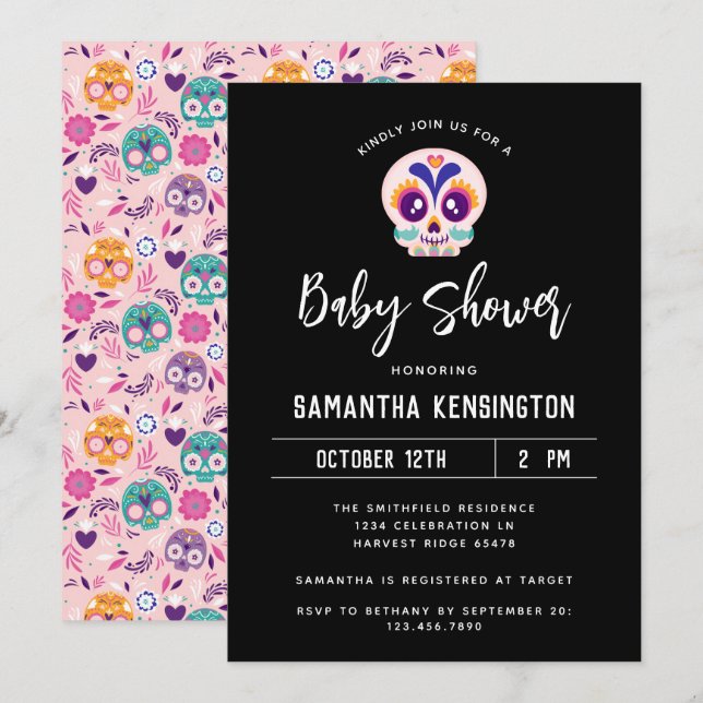 Cute Black Halloween Pink Sugar Skull Baby Shower Invitation (Front/Back)