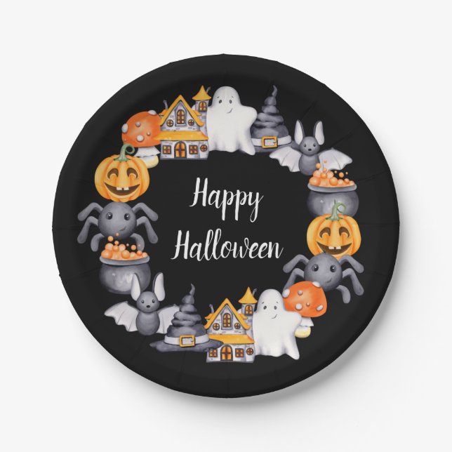 Cute Black Happy Halloween Illustration Paper Plate (Front)