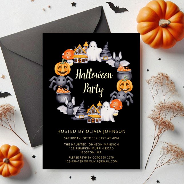 Cute Black Happy Halloween Illustration Party  (Cute Black Happy Halloween Illustration Party Foil Invitation)