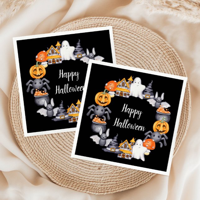 Cute Black Happy Halloween Illustration Party Napkin (Cute Black Happy Halloween Illustration Party Napkins)