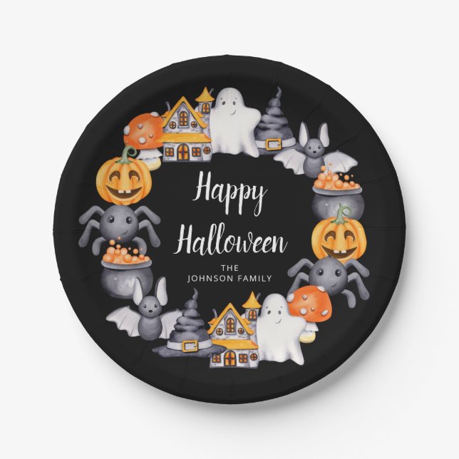 Cute Black Happy Halloween Illustration Party Paper Plate (Front)