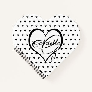Cute Black Hearts on White Heart Name Monogram Notebook