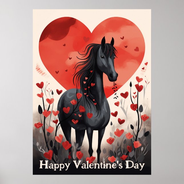 Cute Black Horse and Hearts Happy Valentine's Day Poster (Front)