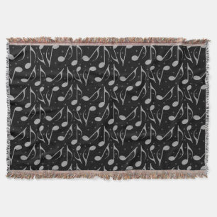 Cute Black Houndstooth Chic Musical Notes Throw Blanket
