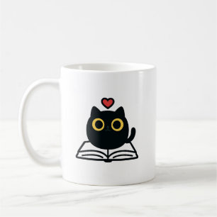 Cute Black Kawaii Cat Reading Book Cartoon Coffee Mug