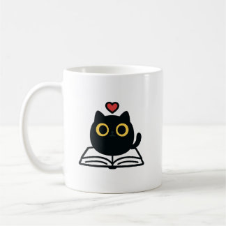 Cute Black Kawaii Cat Reading Book Cartoon Coffee Mug