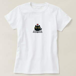 Cute Black Kawaii Cat Reading Book Cartoon T-Shirt