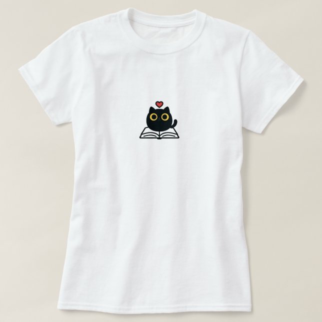Cute Black Kawaii Cat Reading Book Cartoon T-Shirt (Design Front)