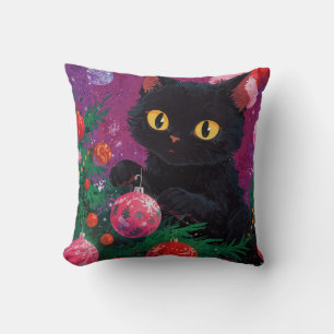 Cute Black Kitten and Christmas Tree Cushion