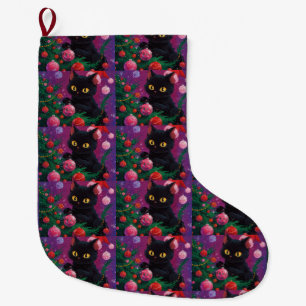 Cute Black Kitten and Christmas Tree Large Christmas Stocking