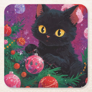 Cute Black Kitten and Christmas Tree Square Paper Coaster