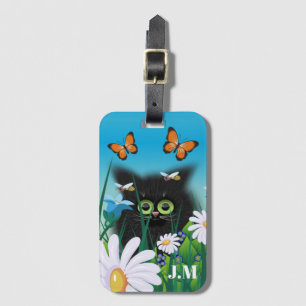 Cute Black Kitten and Daisies Art Monogram Luggage Tag