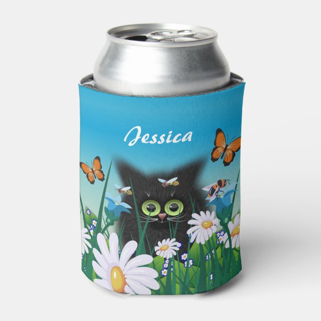 Cute Black Kitten and Daisies Art Personalised Can Cooler (Can Front)