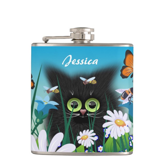 Cute Black Kitten and Daisies Art Personalised Hip Flask (Front)