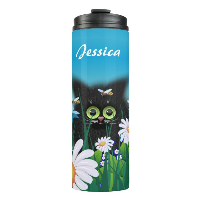Cute Black Kitten and Daisies Art Personalised Thermal Tumbler (Front)
