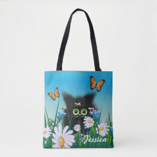 Cute Black Kitten and Daisies Art Personalised Tote Bag