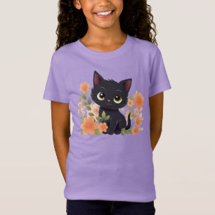 Cute Black Kitten and Flowers T-Shirt