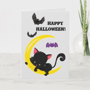 Cute Black Kitten and Moon Kids Halloween Card