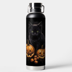 CUTE BLACK KITTEN AND ORANGE HALLOWEEN PUMPKINS WATER BOTTLE