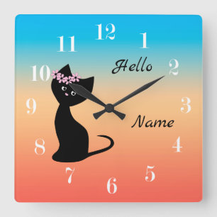 Cute black kitten cat gradient coral blue backgrou square wall clock