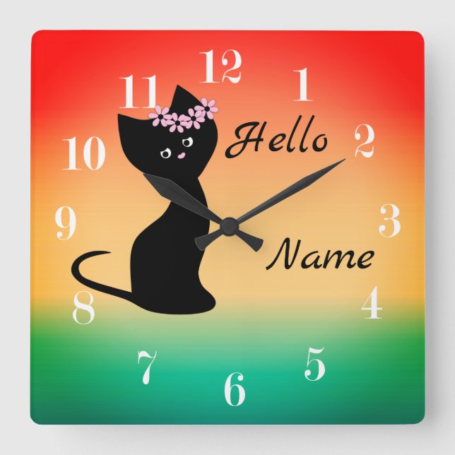 Cute black kitten cat gradient coral blue backgrou square wall clock (Front)